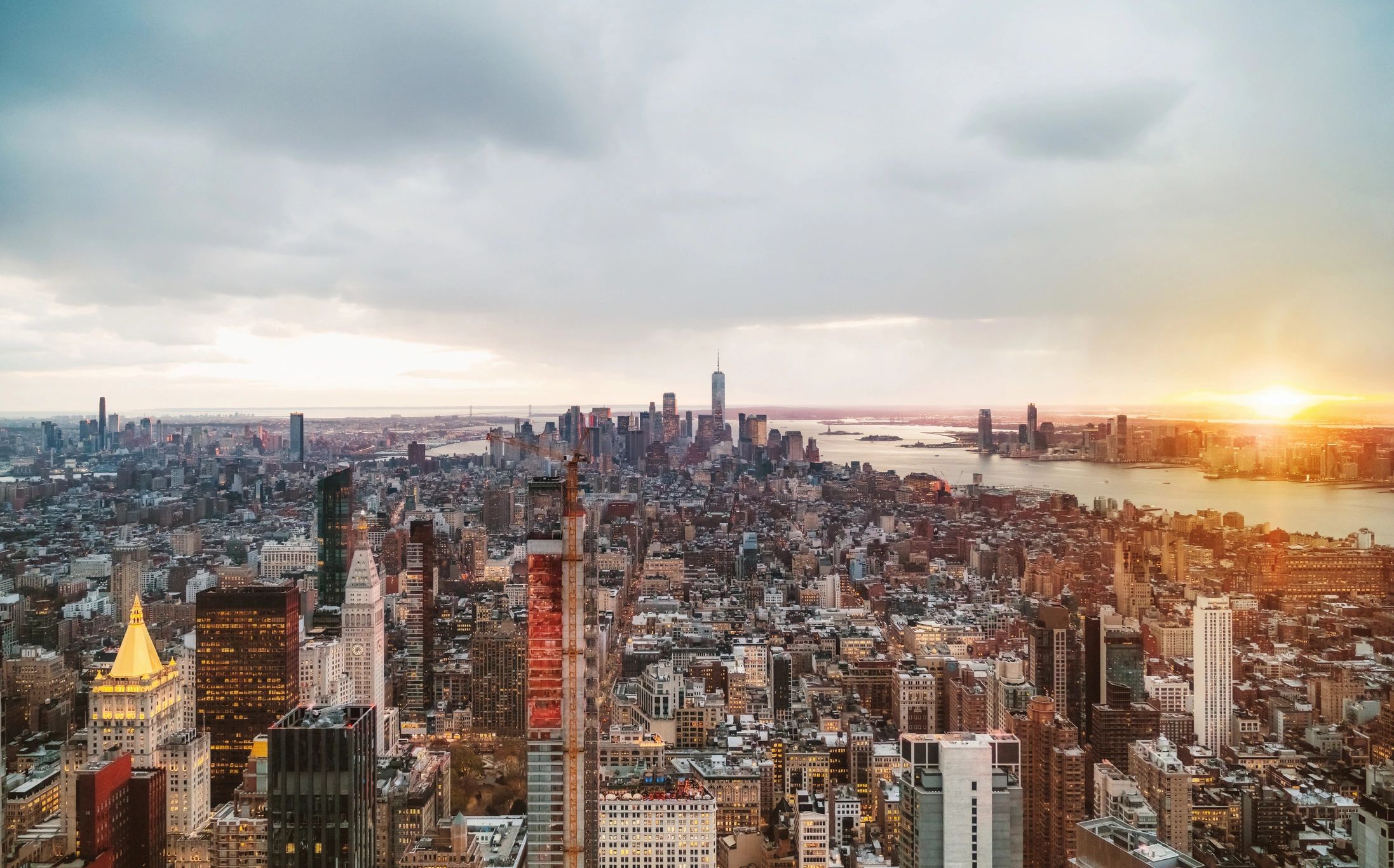 Lower Manhattan skyline at sunset