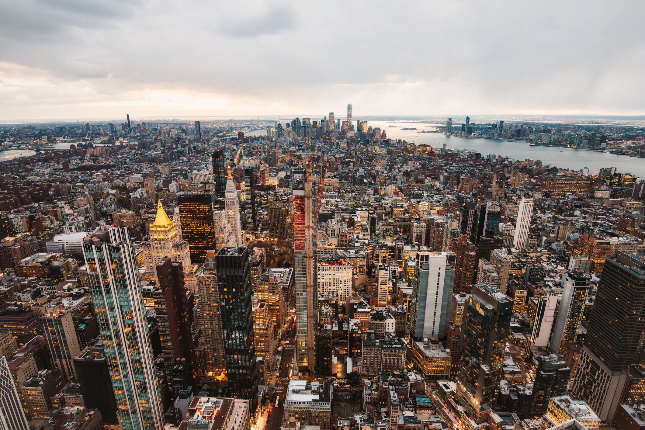 Lower Manhattan skyline at dusk