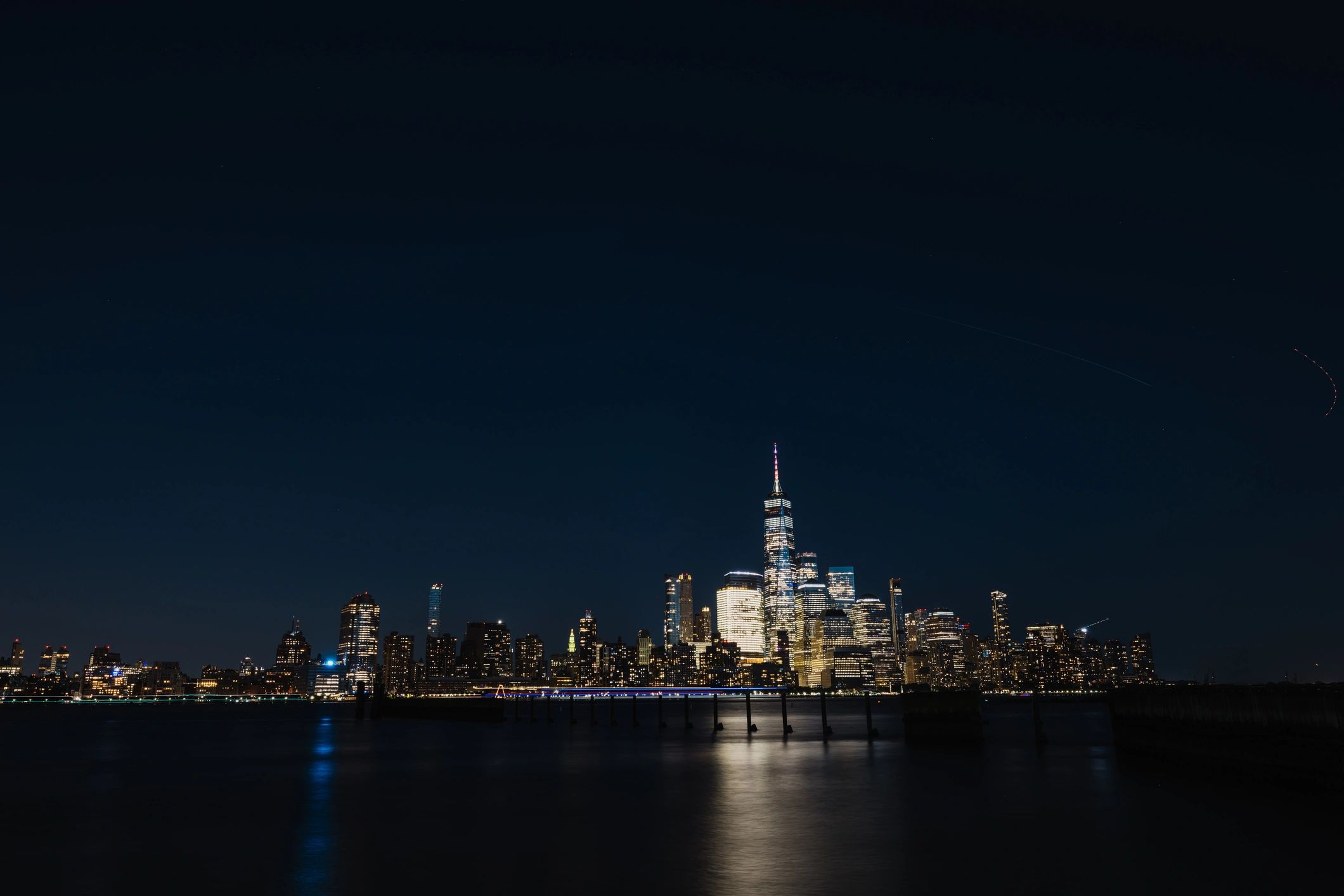 New York City skyline light trail long exposure night